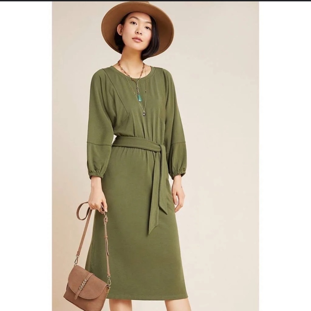 Anthropologie Long Sleeve Thalia Midi Dress in Olive Green